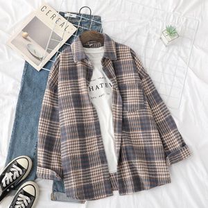 Tangada Vrouwen Oversized Bruin Plaid Vriendje Stijl Dikke Shirt Blouse Winter Chic Vrouwelijke Casual Losse Tops BAO28