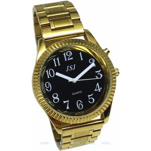 Spaans Praten Horloge Met Alarm Functie, Talking Tijd, Zwarte Wijzerplaat & Vouwsluiting, Golden Case B4-G308B-TS