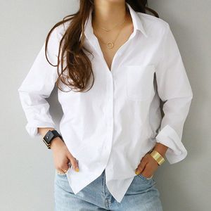 Aachoae Vrouwen Casual Wit Blouses Lange Mouwen Office Shirts Turn Down Kraag Solid Pocket Shirt Dames Plus Size Tuniek top