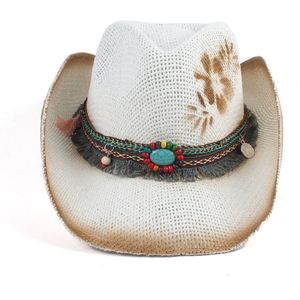 Bloem Vrouwen Straw Hollow Western Cowboyhoed Dame Handgemaakte Bohemen Sombrero Hombre Strand Cowgirl Jazz Zonnehoed Size 56- 58 CM