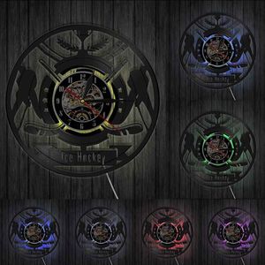 Jongens Slaapkamer Decoratieve Klok Muur Ijshockey Wall Art Horloge Hockey Spelers Vintage Vinyl Record Wandklok Hockey Liefhebbers