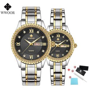 Wwoor Luxe Diamant Goud Paar Horloges + Doos Paar Mannen En Vrouwen Mode Quartz Stalen Band Minnaar Horloge Paar Waterdichte datum