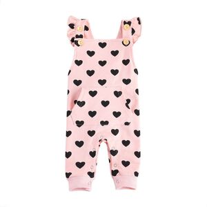 Pasgeboren Casual Stijl Romper, Baby Meisjes Mouwloze Harten Patroon Button Down Jumpsuit Met Pocket (Roze)