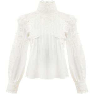 Twotwinstyle Mesh Kant Patchwork Overhemd Vrouwelijke Stand Kraag Lantaarn Mouwen Hollow Out Mode Vrouw Blouses Zomer