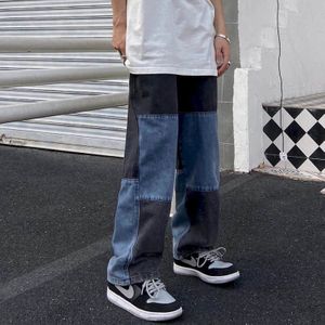 Herfst Lente Harajuku Jeans Mannen Rechte Broek Vintage Patchworked Wijde Pijpen Broek Losse Punk Broek Ins Streetwear