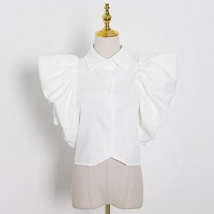 Twotwinstyle Wit Ruche Overhemd Voor Vrouwen Revers Korte Mouwen Vintage Grote Maat Elegante Blouse Vrouwelijke Kleding Zomer