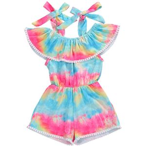 Zomer Meisjes Kids Rompertjes Tie Dye Kleurrijke Print Ruches Off Shoulder Mooie Jumpsuits Outfits