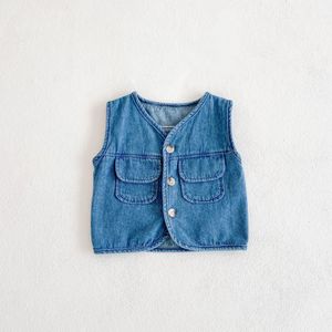Herfst Baby Boy Denim Jas Mouwloos Vest Meisjes Denim Jas Met Dubbele Pocket Jongens Vest