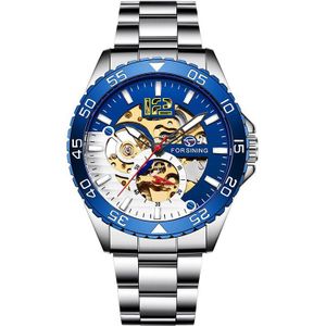 Forsining Mechanische Mens Horloge Top Brand Luxe Automatische Man Horloge Rvs Skeleton Witte Wijzerplaat Waterdicht Casual Klok