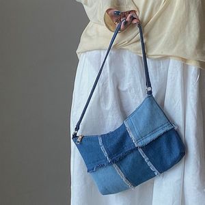 Vintage Denim Stiksels Vrouwen Onderarm Zak Dames Contrast Kleur Kleine Schoudertassen Vrouwelijke Oksel Bag Baguette Handtassen