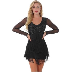 Womens Doorzichtige Mesh Lange Mouwen Kwastje Dans Jurken Sparkly Figuur Schaatsen Latin Omzoomd Jurk Stijldansen Kostuum