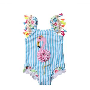 Kids Baby Meisjes Flamingo Een Stuk Badpak Pasgeboren Baby Meisjes Blauw Gestreept Badmode Kwastje Een Stuk Badpak Beachwear