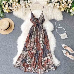 Yuoomuoo Zomer Vrouwen Jurk V-hals Backless Bloemenprint Strand Maxi Jurk Zonnejurk Spaghetti Bohemian Jurk