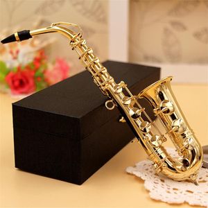 Mini Saxofoon Model Goud Muziekinstrument Koperen Broche Miniatuur Bureau Decor Display Met Doos + Beugel Sax Accessoires