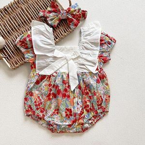 Koreaanse Stijl Bloemen Printing Peuter Baby Meisje Romper Baby Baby Meisjes Jumpsuit Katoen Korte Mouw Zomer Baby Meisjes Kleding