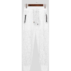 Mannen Slapen Broek Kant Rits Patchwork Homewear Trekkoord Transparante Sexy 2022 Mannen Broek Zakken Slaap Bodems S-5XL Incerun