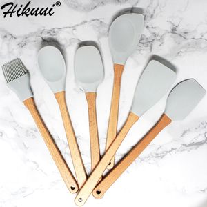 6 Stks/set Gebruiksvoorwerpen Light Grey Food Grade Siliconen Houten Handvat Keuken Koken Gereedschap Kookgerei Spatel Turner Pollepel Keukengerei