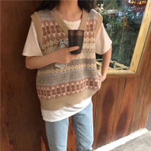 Vintage V-hals Gebreide Vest Trui Vrouwen Mouwloze Trui Losse Vrouwelijke Trui Casual Oversized Gebreide Vest Slim Tank Tops