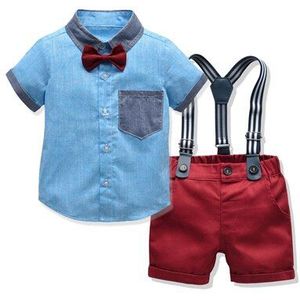 Kids Baby Jongens Pak Sets Zomer Blauw Shirt + Rode Broek Jumpsuits Verjaardagsfeestje Kinderen Formele Kleding 12 3 4 Jaar