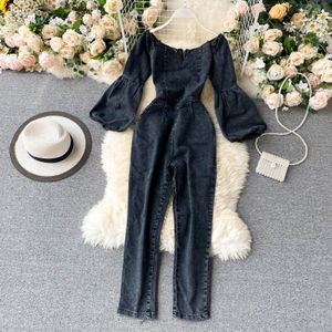 Amolapha Vrouwen Vintage Off Shoulder Bladerdeeg Mouw Denim Jumpsuit Outfits Lange Mouwen Jeans Jumpsuits Rompertjes