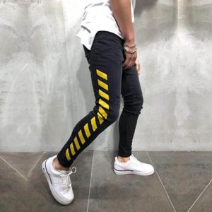 Mannen Zwarte Skinny Jeans Geel Side Strepen Hip Hop Streetwear Ruwe Rand Ripped Skinny Gedrukt Straat Lichtgewicht Katoen Jeans