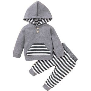 0-24M Peuter Baby Jongen Meisje Herfst Kleding Set Lange Mouw Pocket Hooded T-shirt Elastische Stripred Lange Broek 2 Stuks Set