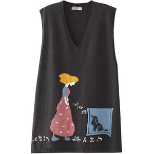 Lente Herfst Chic Vest Truien Vrouwen Japan Stijl Verse V-hals Mouwloze Cartoon Dobby Gebreide Oversized Losse Lange Trui