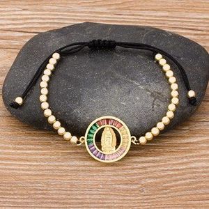 Gouden Ketting Virgin Mary Charm Armbanden Voor Vrouwen Cz Kristal Kralen Armband Handgemaakte Verstelbare Religieuze Sieraden