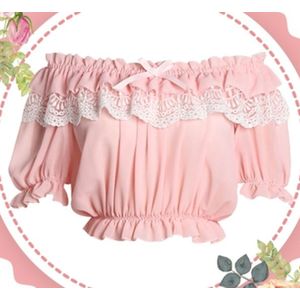 Vrouwen Chiffon Crop Top Zomer Korte Mouw Kant Blouse Middeleeuwse Classic Lolita Wit/Rood/Blauw/zwart/Roze Shirt Top