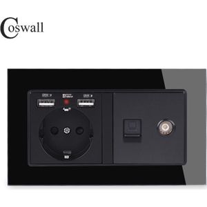 Coswall Rusland Spanje Eu Standaard Stopcontact 2 Usb Charge Port + Vrouwelijke Tv Connector Met CAT5E RJ45 Internet Jack glas Panel