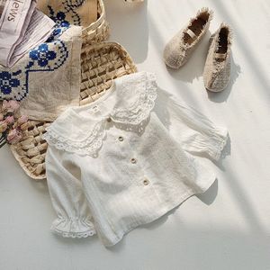 Meisjes 100% Katoen Prinses Overhemd Lente Herfst Kant Turn-Down Kraag Lange Mouwen Blouse Koreaanse Witte Dieptepunt shirts WTB09