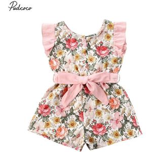 Kids Jumpsuit Bloemenprint Ronde Hals Korte Mouw Jumpsuit Met Riem Bodysuit Voor Peuter Meisjes