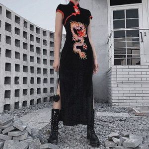 Vintage Gothic Lolita Lange Party Jurk Gesplitst Zwarte Chinese Cheongsam Vrouwen Borduren Draak Harajuku Jurk Streetwear