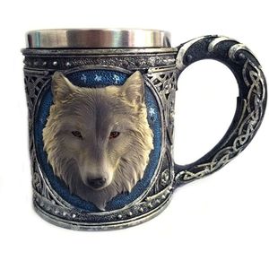 3D Wolf Head Mok Retro Wolf Koning Rvs Drinkbeker Creatieve Hars Voering Thee Bier Koffie Mok # LR4