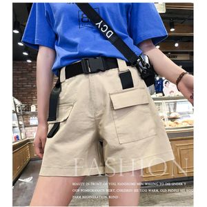 Shorts Vrouwen Zomer Bf Losse Mid Taille Cargo Kaki Casual Riem Solid Pockets Cool Street Chic Novelty Lady