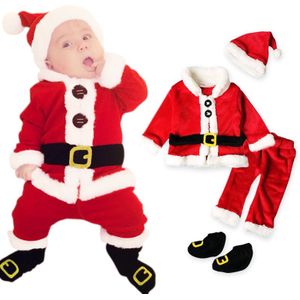 4 stks Kerst Kostuum Baby Boy Kleding Sets Baby Meisje Kerstman Lange Mouwen Tops + Broek + Hoed + socking Past Peuter Baby Kleding
