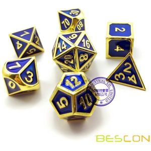 Bescon Deluxe Gouden En Blauwe Emaille Effen Metalen Polyhedral Rollenspel Rpg Game Dice Set (7 Sterven In Pack)