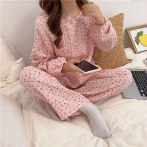 Pyjama Katoen Vrouwen Cherry Print Nachtkleding Lange Mouwen Tops + Broek 2 Stuks Homewear Losse O-hals Trui Pijamas Comfortabele S1027