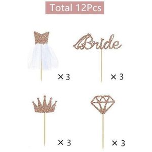 12pcs Glitter Rose Gold Bruid Kroon Diamant Trouwjurk Cupcake Toppers voor Engagement Bridal Shower Party Decoraties