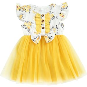 Meisjes Zoete Stijl Jurk, Zomer Bloemen Afdrukken Mesh Splicing Ronde Kraag Fly Mouw Boog Decoratie Prinses Gown