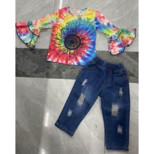 2 Stuks Peuter Casual Outfits, baby Meisje Flare Mouwen Ronde Hals Tie Dye Trui + Gescheurde Jeans Met Slant Pocket