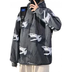 Mannen Herfst Sharks Print Lange Mouwen Koord Hoodie Pluche Dikke Sweatshirt