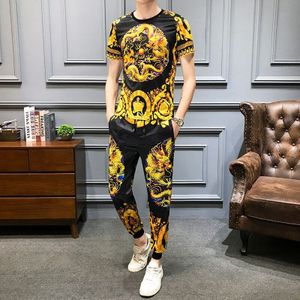 Gouden Draak Print Mannen Sportkleding Zomer T-shirt Broek Casual Suits 2 Stuks Trainingspak Mannen Sweatsuit Luxe Mannen Kleding