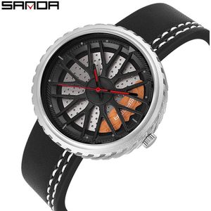 Sanda Mode Mannen Quartz Horloges Casual Steel Grid Waterdicht Horloges 3D Auto Wiel Model Wijzerplaat Mannen Klok Relogio Masculino