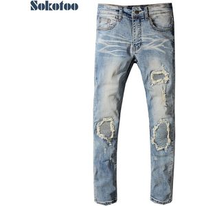 Sokotoo vintage blauwe geplooide stretch denim biker jeans voor moto Slim skinny ripped verontruste broek