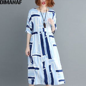 DIMANAF Vrouwen Jurk Zomer Strand Elegante Gestreepte Plus Size Big Casual Vrouwelijke Vintage O-hals Oversized Losse Blauw Jurken