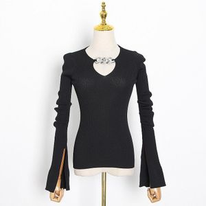 Twotwinstyle Hollow Out Slim Knitwear Voor Vrouwen V-hals Lange Mouwen Split Zwart Truien Vrouwelijke Mode Kleding Herfst
