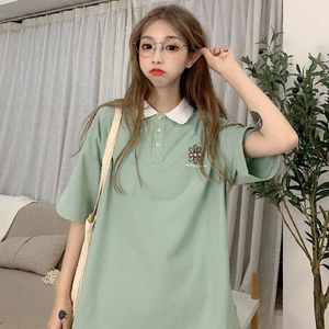 Blauw Polo Vrouwen Shirt Korte Mouw Katoen Losse Groene Tops Vrouwelijke Borduurwerk Harajuku Shirts Vrouwelijke Mode Terwijl Polo Shirts