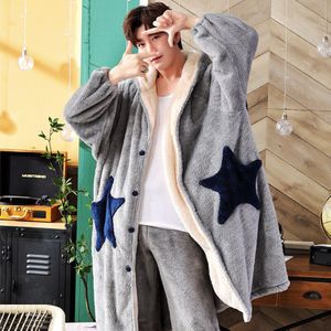 Mode mannen Winter Badjas Set Dikke Warm Robe Met Hoed Bruiloft Gewaden Pak Hooded Pyjama Robe + Broek