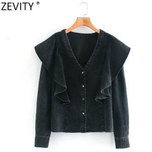 Zevity Vrouwen Vintage V-hals Plooi Ruches Denim Kiel Blouse Shirt Vrouwen Lange Mouw Casual Slim Blusas Business Tops LS7197